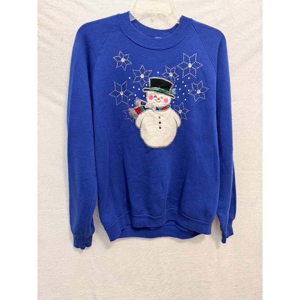 Vintage Jerzees Snowman Sweatshirt XL Blue Holiday Christmas Snowflake USA Made